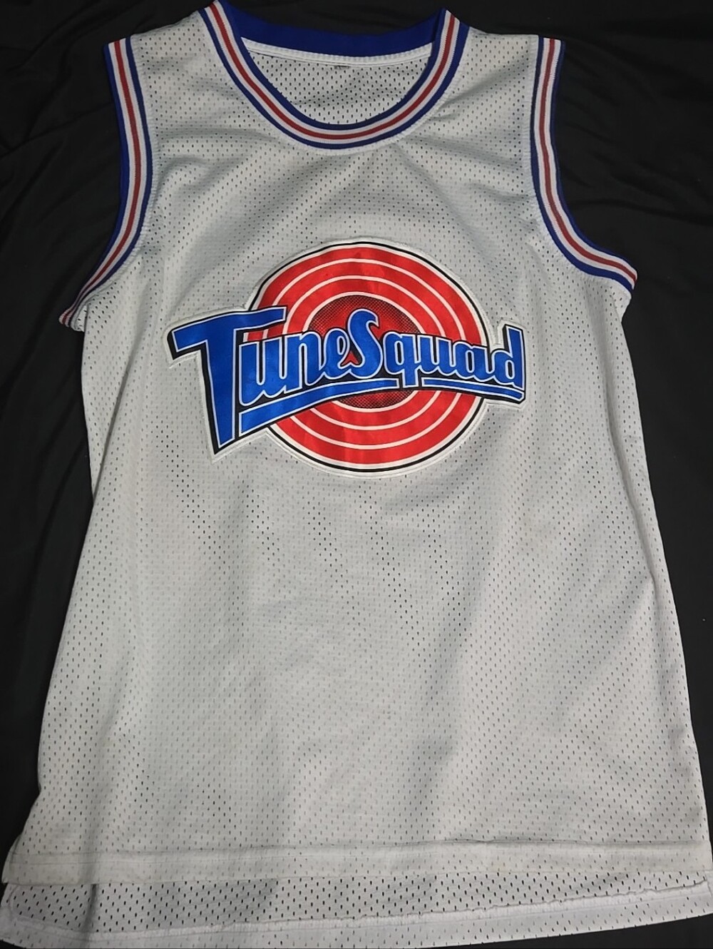 Tune Squad White Basketball Jersey with Red & Blue Logo